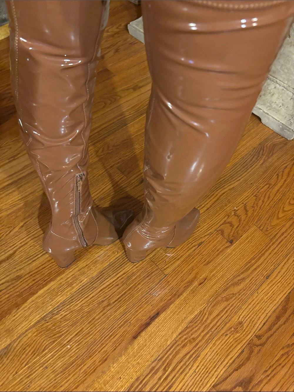 Knee-High Patent Leather Boots - Tan